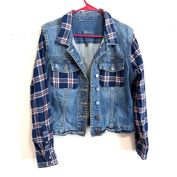Upcycled Kit From The Kloth Amelia Denim Trucker Jacket w/Flannel Shirt Size XL - Picture 2 of 12